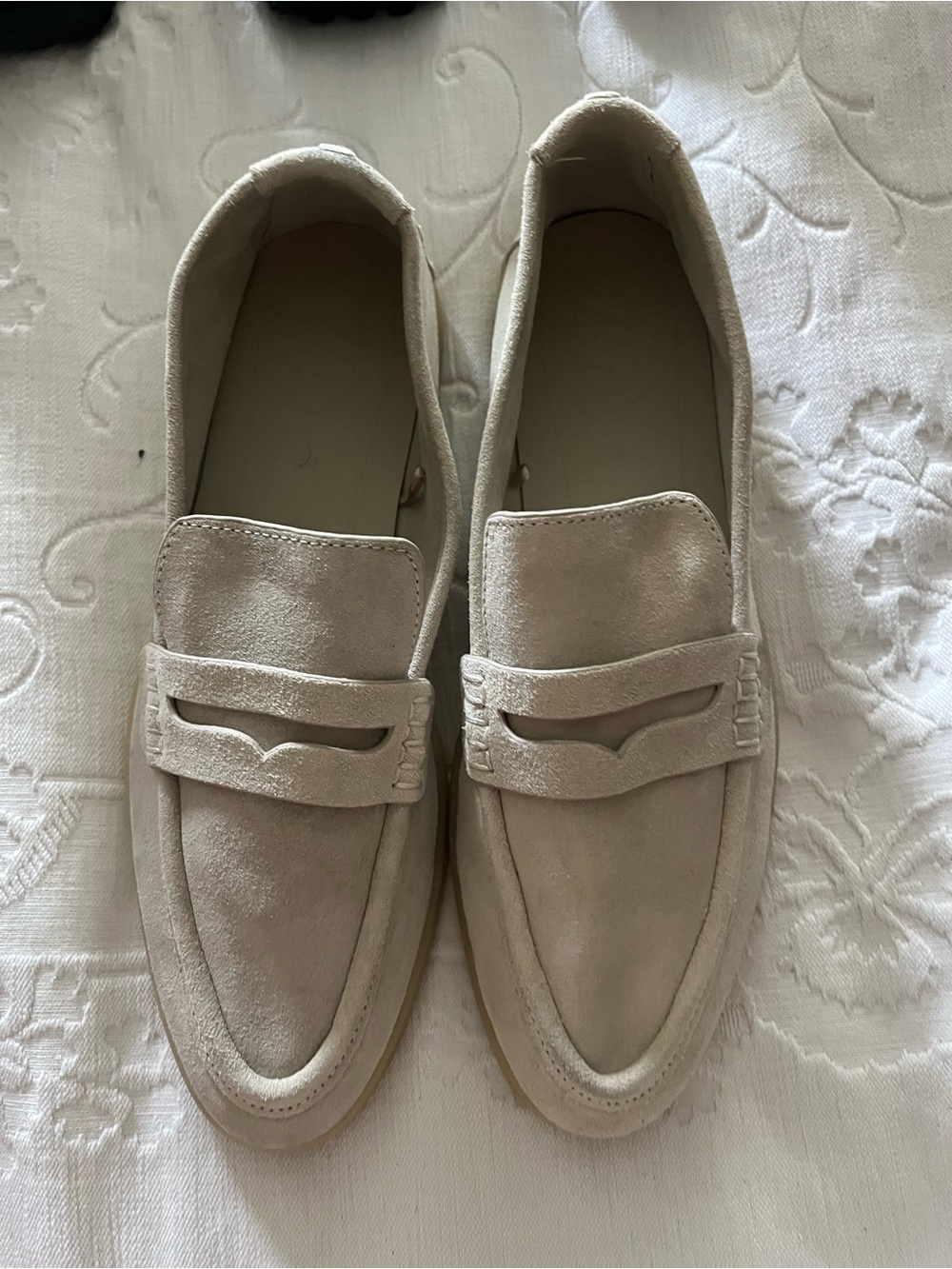Zara Women's Suede Penny Loafers in Light Cream